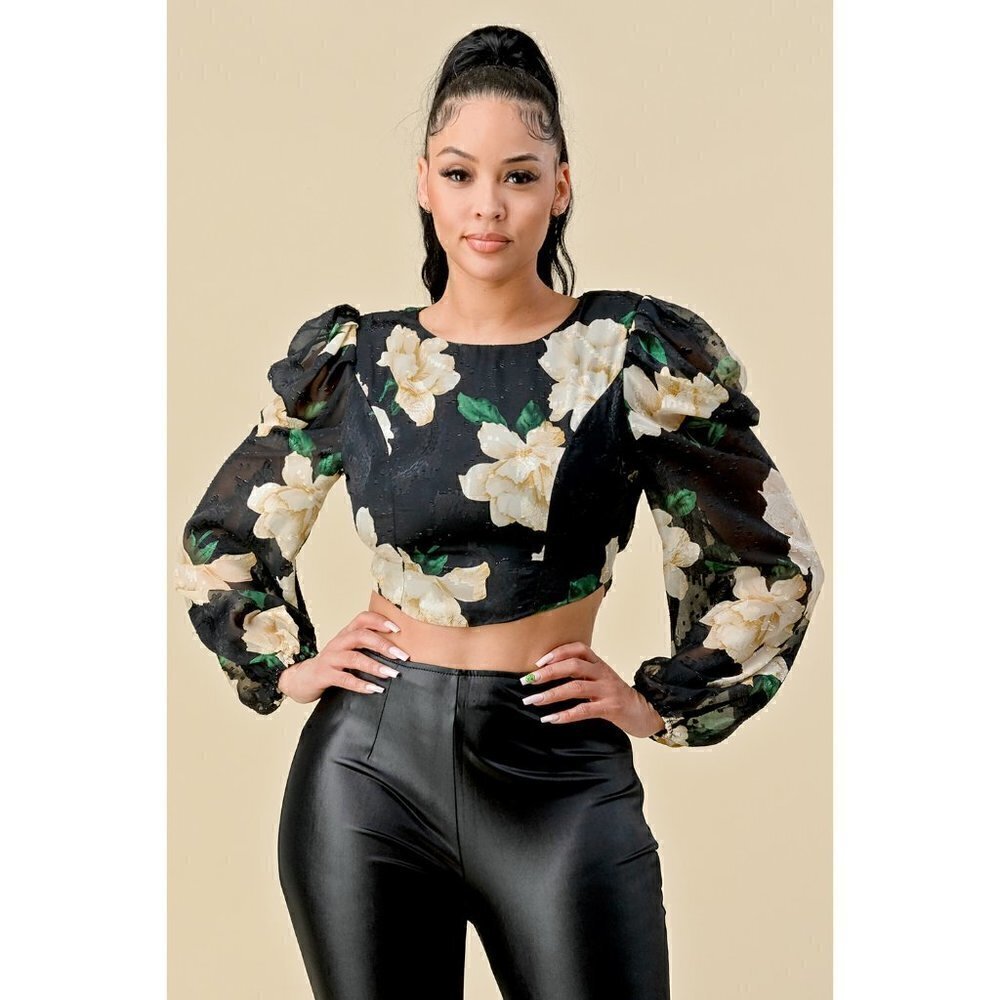 The Sang Women’s Black Long Sleeve Floral Crop Open Back Blouse